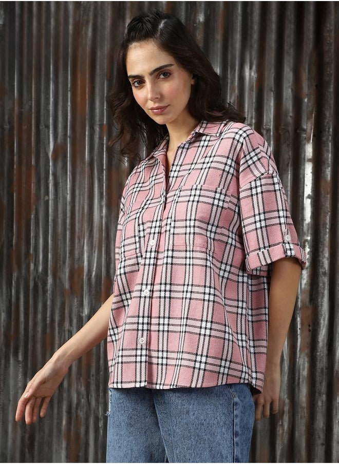 HIGH STAR - Women Shirts in Pink featuring Oversized fit with a check pattern, spread collar collar, collar neckline, full sleeve, secured with button closure, crafted from 55%cotton 45%polyester – perfect for elevating your everyday style. - Image 1