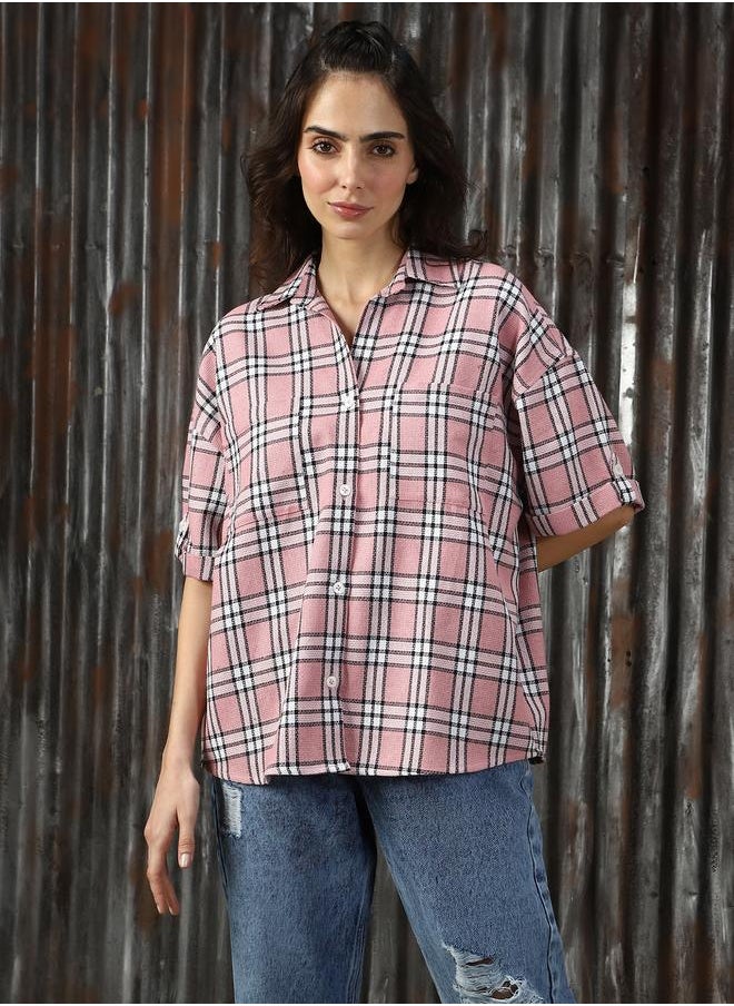 HIGH STAR - Women Shirts in Pink featuring Oversized fit with a check pattern, spread collar collar, collar neckline, full sleeve, secured with button closure, crafted from 55%cotton 45%polyester – perfect for elevating your everyday style. - Image 1