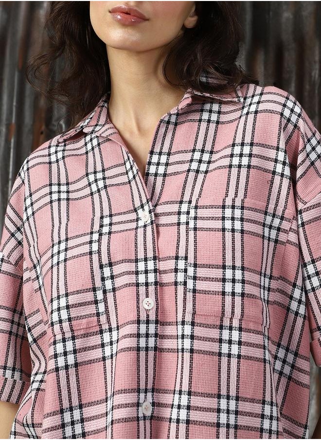 HIGH STAR - Women Shirts in Pink featuring Oversized fit with a check pattern, spread collar collar, collar neckline, full sleeve, secured with button closure, crafted from 55%cotton 45%polyester – perfect for elevating your everyday style. - Image 1