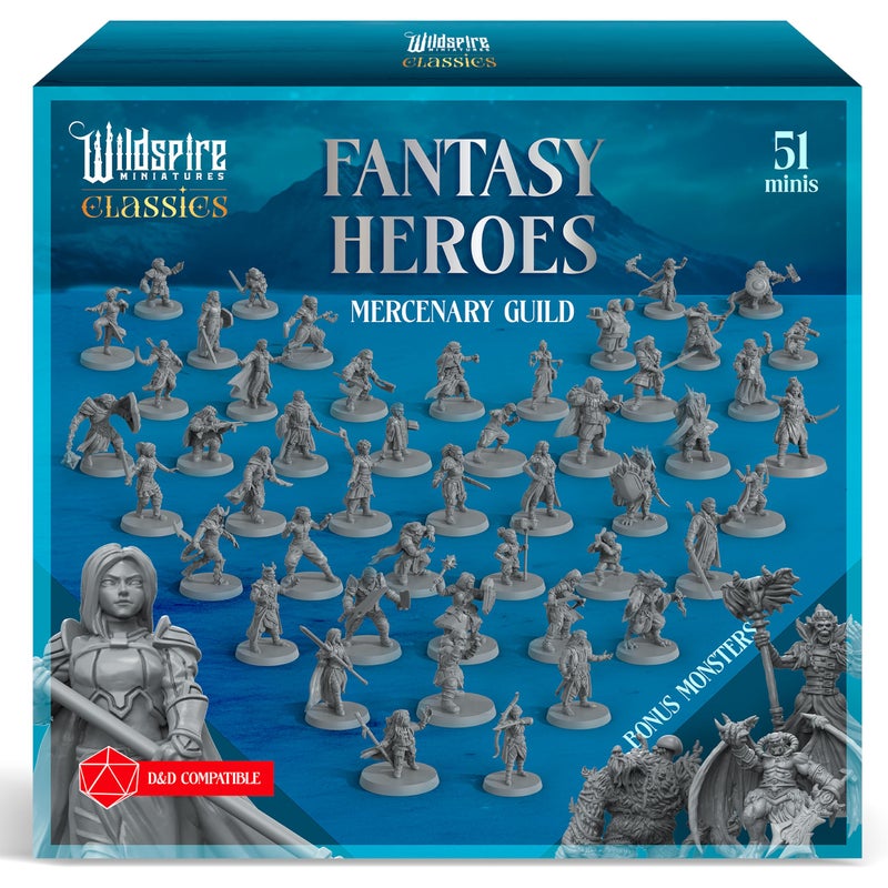 Wildspire Classic Heroes - Mercenary Guild - 51 Paintable Characters for DND Miniatures Bulk I 28mm Dungeons Dragons D&D Miniatures I DND Minis D&D Figures Dungeons Dragons Figures Pathfinder Compatible - Image 1