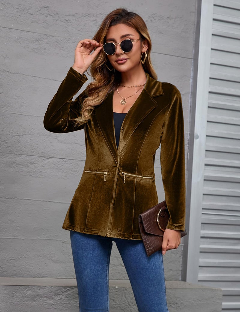 Genhoo Women's Long Sleeve Velvet Blazer Open Front Cardigan Jacket Work Office Blazer with Zipper Pockets Brown L - Image 4