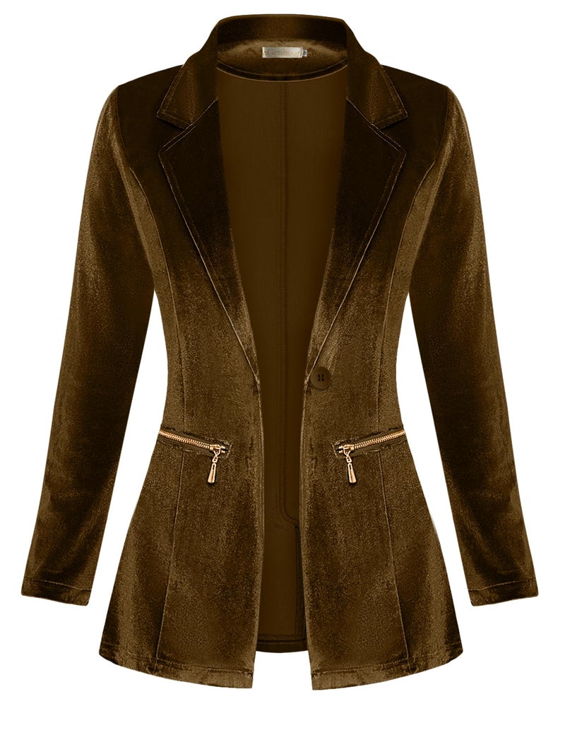 Genhoo Women's Long Sleeve Velvet Blazer Open Front Cardigan Jacket Work Office Blazer with Zipper Pockets Brown L - Image 1