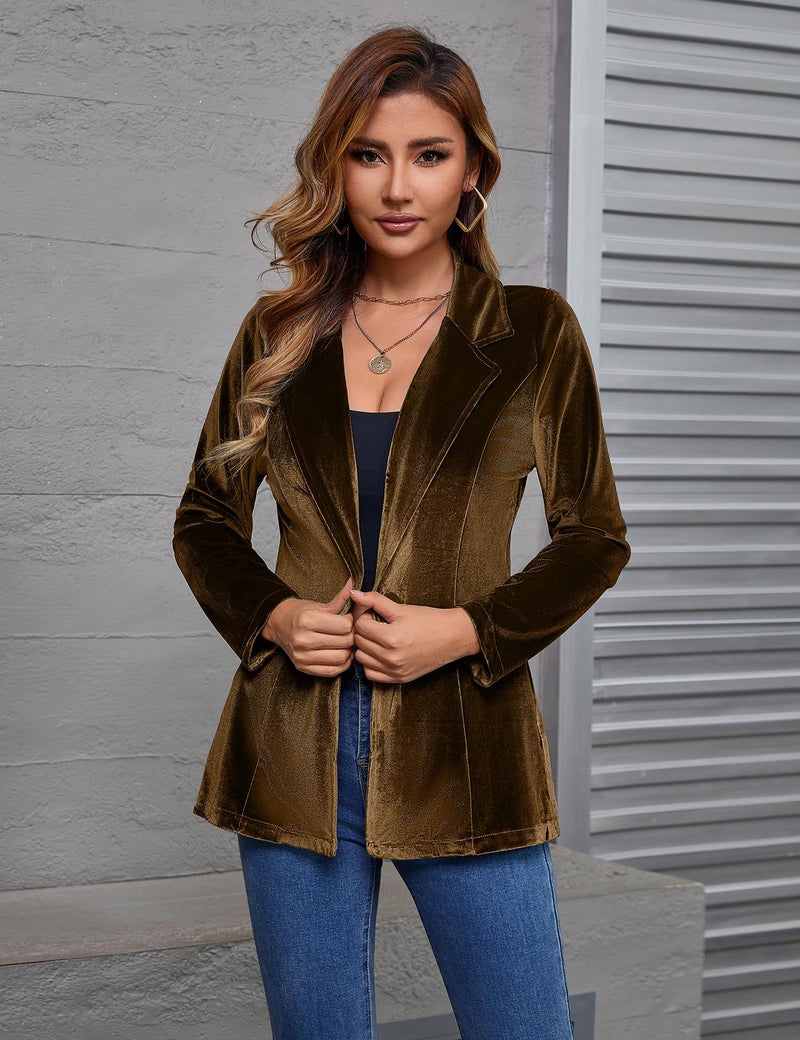 Genhoo Women's Long Sleeve Velvet Blazer Open Front Cardigan Jacket Work Office Blazer with Zipper Pockets Brown L - Image 2
