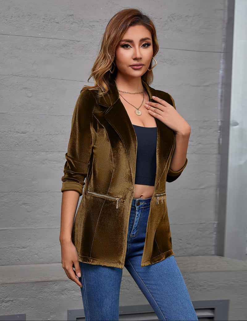 Genhoo Women's Long Sleeve Velvet Blazer Open Front Cardigan Jacket Work Office Blazer with Zipper Pockets Brown L - Image 3