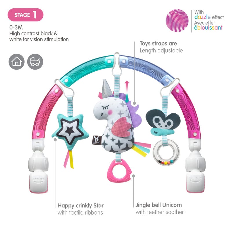 BENBAT Baby Stroller Arch Toy Rainbow Dazzle Friends Play Bar. Fun Newborns Sensory Activity, Adjustable for Bouncers and Car Seat, Unicorn - Image 5