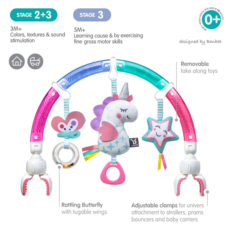 BENBAT Baby Stroller Arch Toy Rainbow Dazzle Friends Play Bar. Fun Newborns Sensory Activity, Adjustable for Bouncers and Car Seat, Unicorn - Image 4