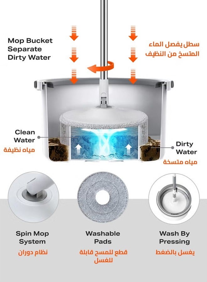 HOMESTAR 360 Degree Rotating Mop and Bucket Set Flat Design Self-separating Clean Dirty Water with 4 Pieces of Microfiber Extendable Handle Ideal for Cleaning All Kinds Floors - Image 4