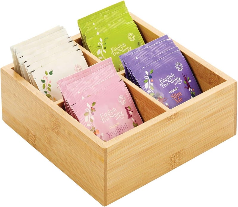mDesign Bamboo Kitchen Pantry Storage Organizer Box - 4 Divided Sections, Open Top, Decorative Holder for Tea Bags, Packets, Small Items, Accessories - Natural Light Wood - Image 1