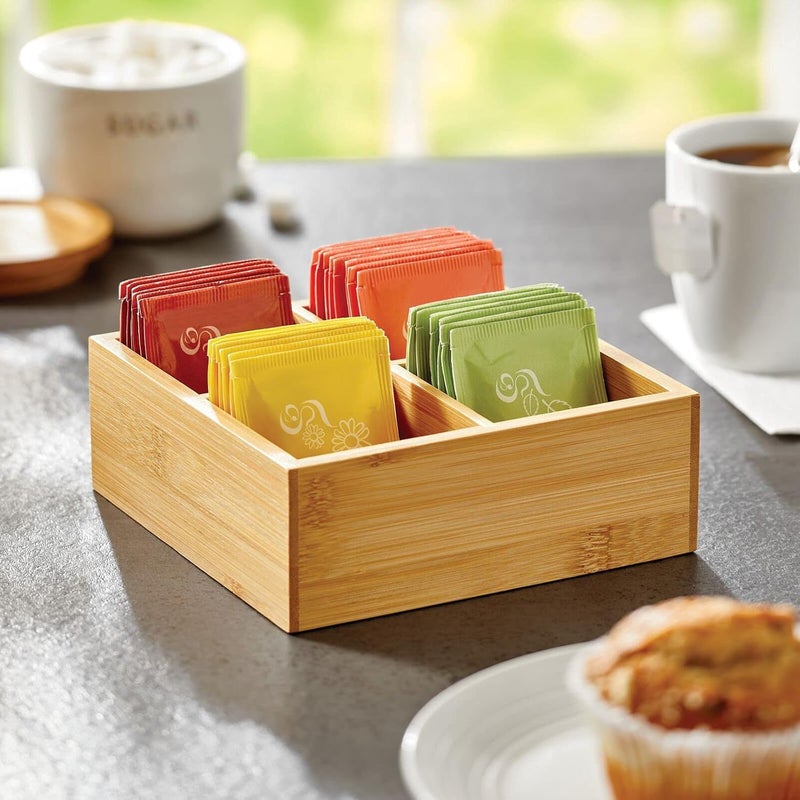mDesign Bamboo Kitchen Pantry Storage Organizer Box - 4 Divided Sections, Open Top, Decorative Holder for Tea Bags, Packets, Small Items, Accessories - Natural Light Wood - Image 2