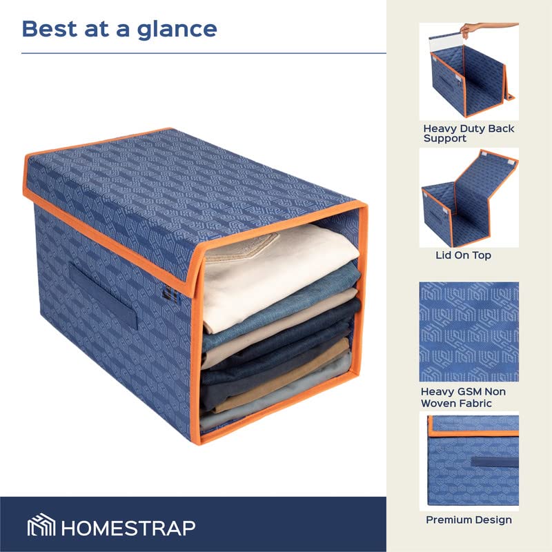 Homestrap Set of 6 Printed Shirt Stacker Foldable Storage Organizer with Lid for Wardrobe Almirah Navy Blue with orange border Nonwoven - Image 3