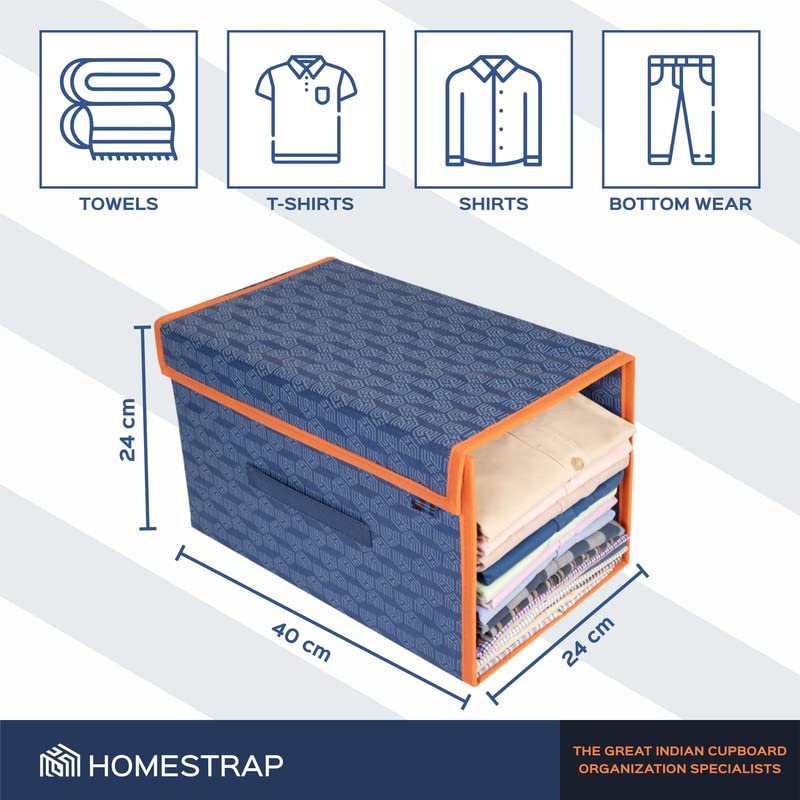 Homestrap Set of 6 Printed Shirt Stacker Foldable Storage Organizer with Lid for Wardrobe Almirah Navy Blue with orange border Nonwoven - Image 2