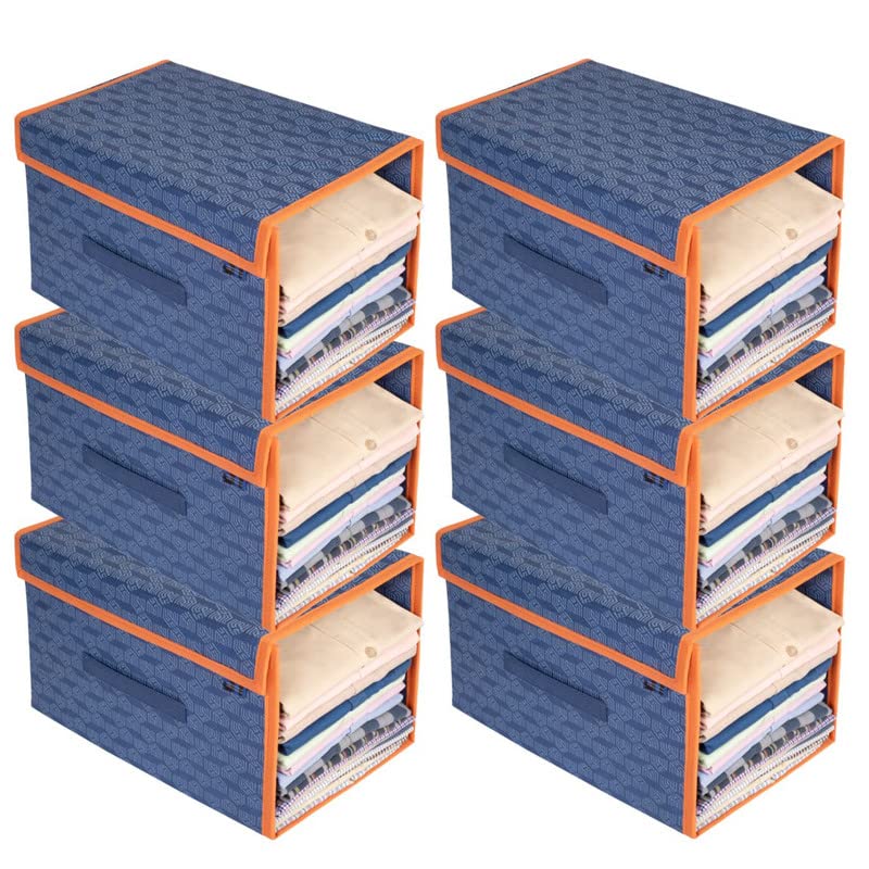 Homestrap Set of 6 Printed Shirt Stacker Foldable Storage Organizer with Lid for Wardrobe Almirah Navy Blue with orange border Nonwoven - Image 1