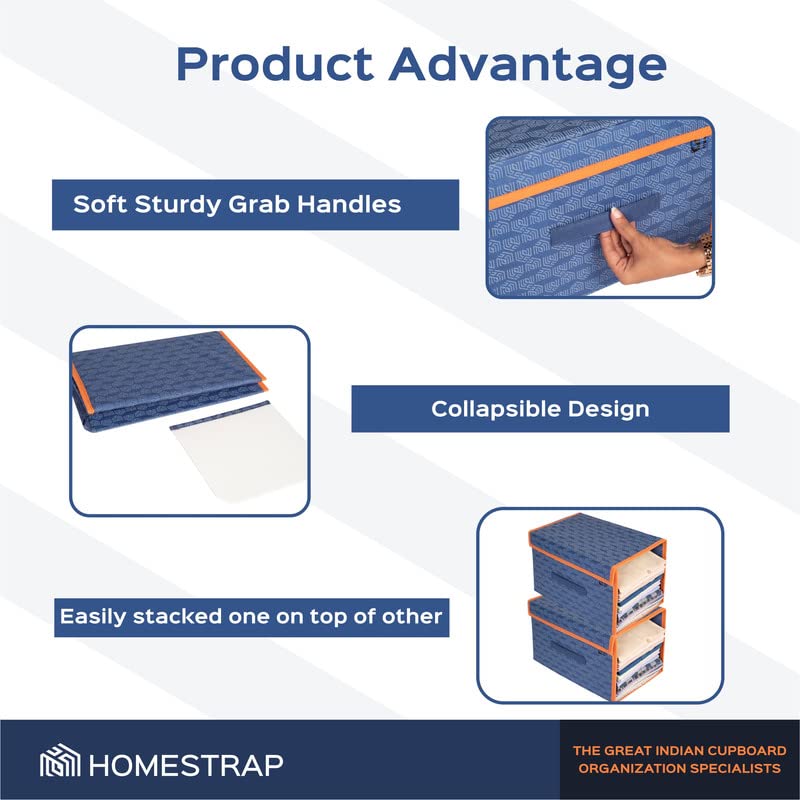 Homestrap Set of 6 Printed Shirt Stacker Foldable Storage Organizer with Lid for Wardrobe Almirah Navy Blue with orange border Nonwoven - Image 4
