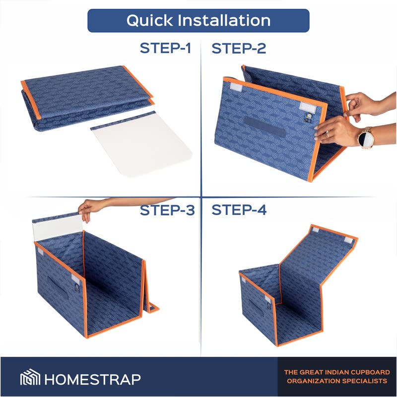 Homestrap Set of 6 Printed Shirt Stacker Foldable Storage Organizer with Lid for Wardrobe Almirah Navy Blue with orange border Nonwoven - Image 5