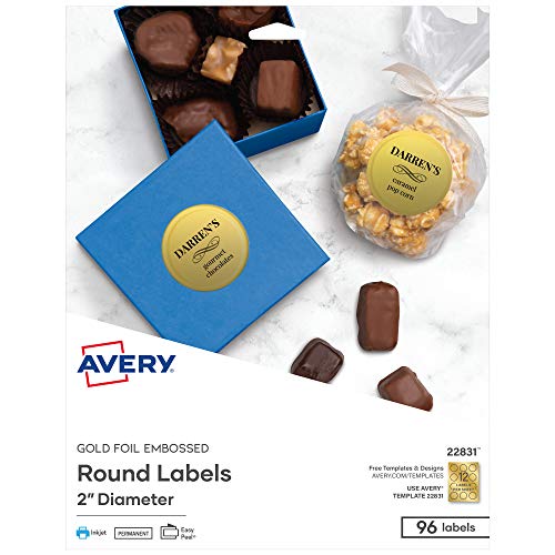 Avery Printable Embossed Foil Round Labels, 2" Diameter, Gold, 96 Customizable Labels (22831) - Image 1