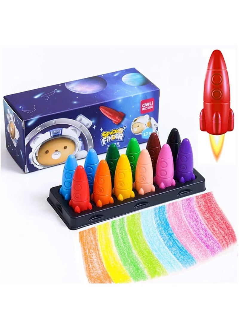 Deli 12 Colors Space Rocket Crayon, Non-Toxic Crayons , Easy To Grip Washable Crayons, Safe Colouring Art school Supplies Gift Set For Kids - Image 1