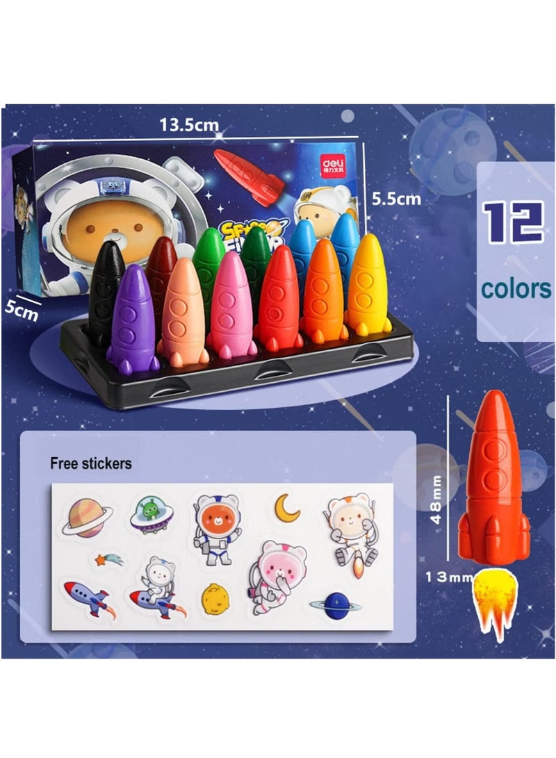 Deli 12 Colors Space Rocket Crayon, Non-Toxic Crayons , Easy To Grip Washable Crayons, Safe Colouring Art school Supplies Gift Set For Kids - Image 2