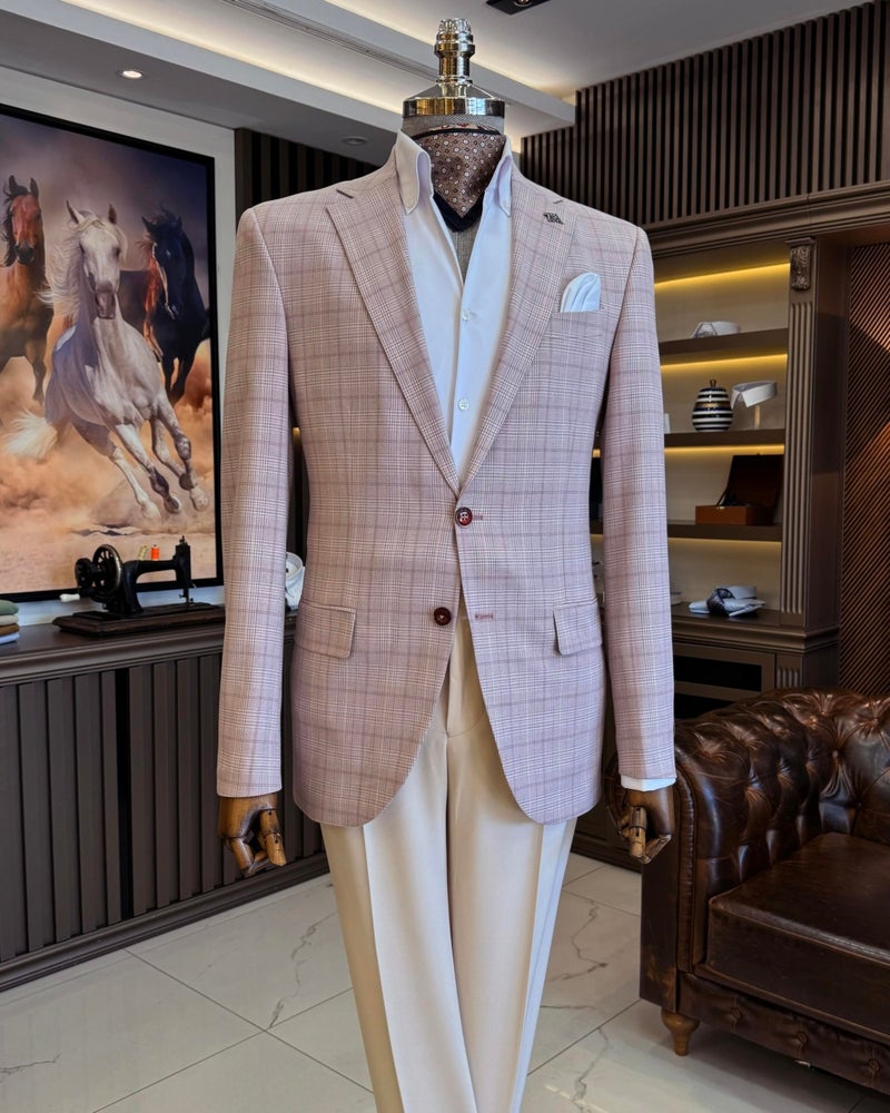 Terzi Adem Altun Tailor Adem Altun Classic Cut Regular Fit Mono Collar Plaid Men's Jacket Pink T11526 - Image 1