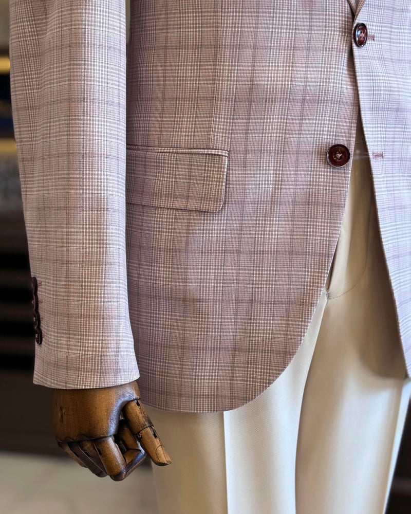Terzi Adem Altun Tailor Adem Altun Classic Cut Regular Fit Mono Collar Plaid Men's Jacket Pink T11526 - Image 4