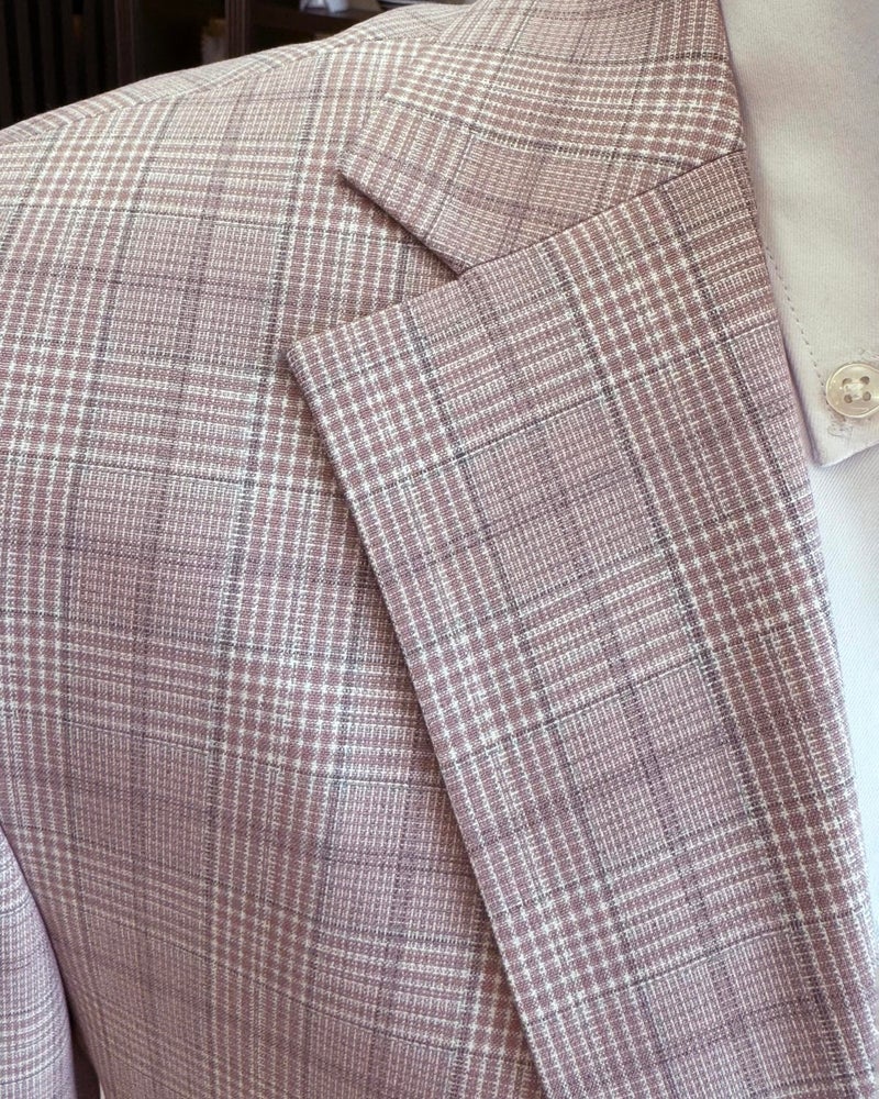 Terzi Adem Altun Tailor Adem Altun Classic Cut Regular Fit Mono Collar Plaid Men's Jacket Pink T11526 - Image 2