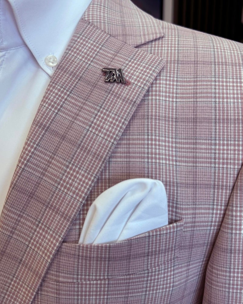 Terzi Adem Altun Tailor Adem Altun Classic Cut Regular Fit Mono Collar Plaid Men's Jacket Pink T11526 - Image 3