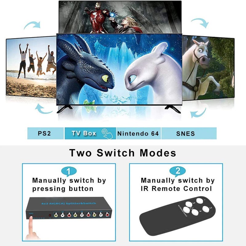 Tobo 4-Way AV Switch RCA Switcher 4 in 3 Out Composite Video L/R Stereo Audio Selector Box for DVD STB Game Consoles-TD-957CC. - Image 5