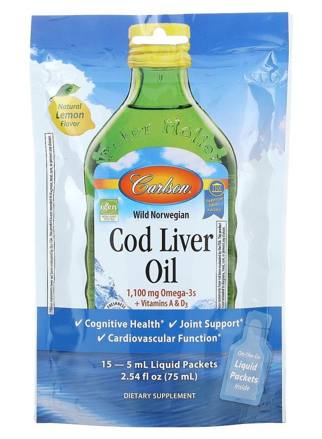 Carlson Wild Norwegian Cod Liver Oil Natural Lemon 15 Liquid Packets 0.17 fl oz (5 ml) Each
