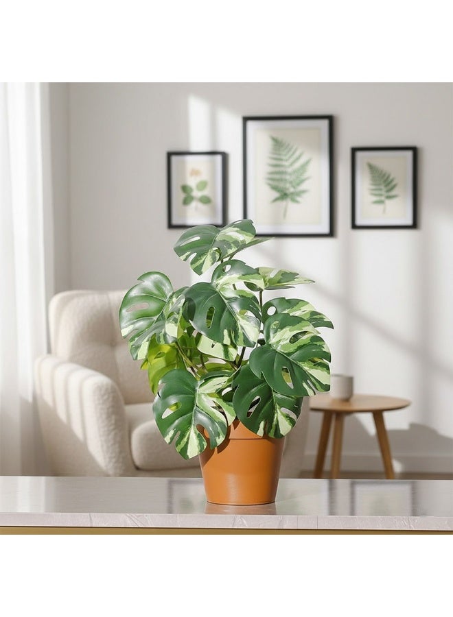 DANUBE HOME نبات مونيسترا صناعي صغير في وعاء أبيض 51 سم، نبات زينة مزيف بـ 17 ورقة لتزيين الداخل، لمسة أنيقة للمنزل والمكتب بتفاصيل واقعية - أخضر/أبيض - Image 4