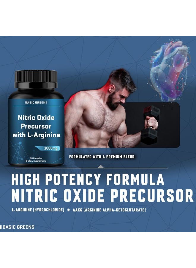 BASIC GREENS L-Arginine 3000mg Nitric Oxide Supplement for Men and Women – Non-GMO Vegan Capsules with Beet Root for Circulation, Endurance, Energy, Stamina, Performance and Workout Support – 90 Caps - Image 2