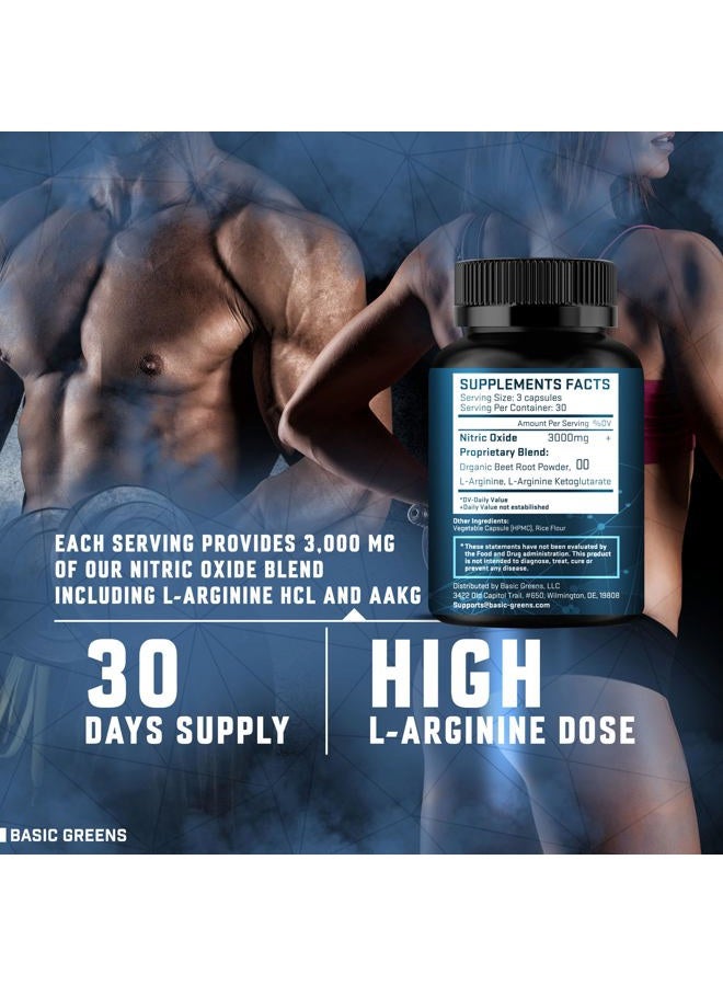BASIC GREENS L-Arginine 3000mg Nitric Oxide Supplement for Men and Women – Non-GMO Vegan Capsules with Beet Root for Circulation, Endurance, Energy, Stamina, Performance and Workout Support – 90 Caps - Image 3