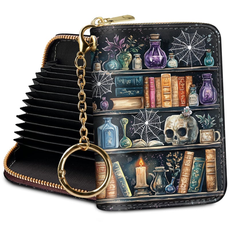 Yonlevres Credit Card Holder Small Wallets Woman, Goth Bookshelf RFID Wallet Women Card Holder Keychain Zipper, Funny Skull Gothic Card Case PU Leather RFID Blocking Accordion Card Organizer Witchy Gifts Ladies - Image 1