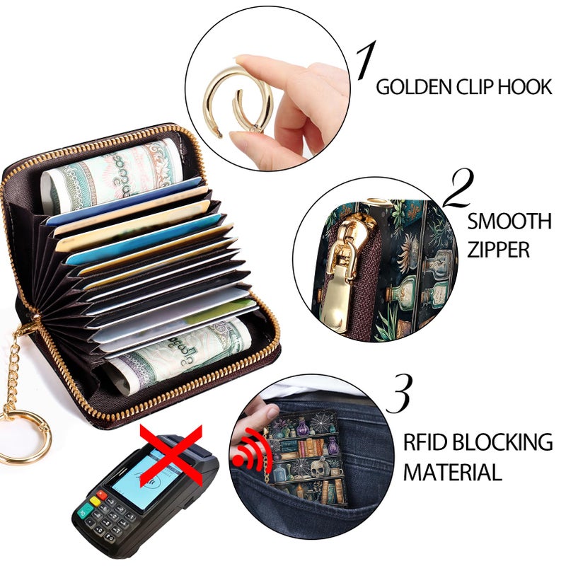 Yonlevres Credit Card Holder Small Wallets Woman, Goth Bookshelf RFID Wallet Women Card Holder Keychain Zipper, Funny Skull Gothic Card Case PU Leather RFID Blocking Accordion Card Organizer Witchy Gifts Ladies - Image 5