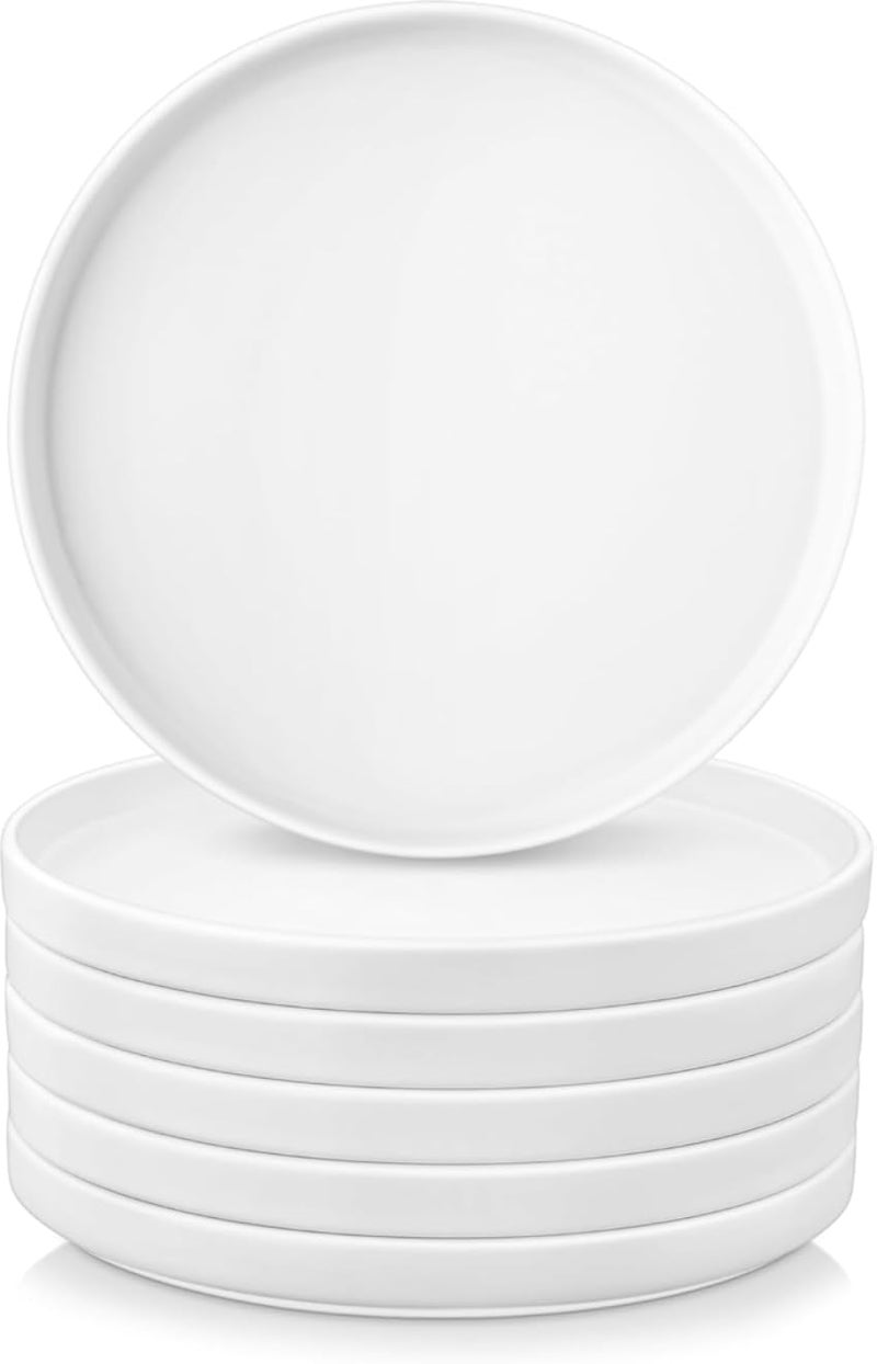 Ceramic Salad Plates Set of 6, 8 inch Plat Small Dinner Plates for Kitchen, Microwave, Oven, and Dishwasher Safe, Scratch Resistant-White