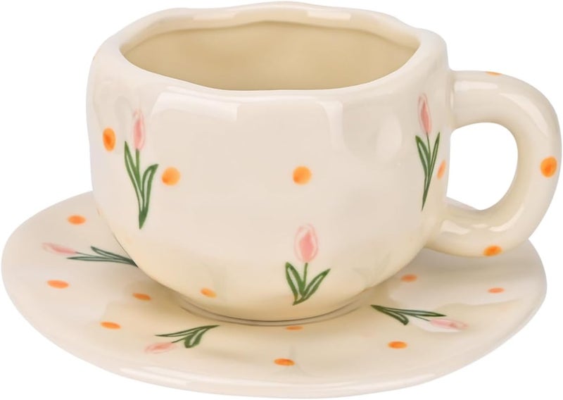 Koythin Ceramic Coffee Mug with Saucer Set, Cute Pink Tulip Flower Cup Unique Irregular Design for Office and Home, 10 oz/300 ml for Latte Tea Milk - Image 1