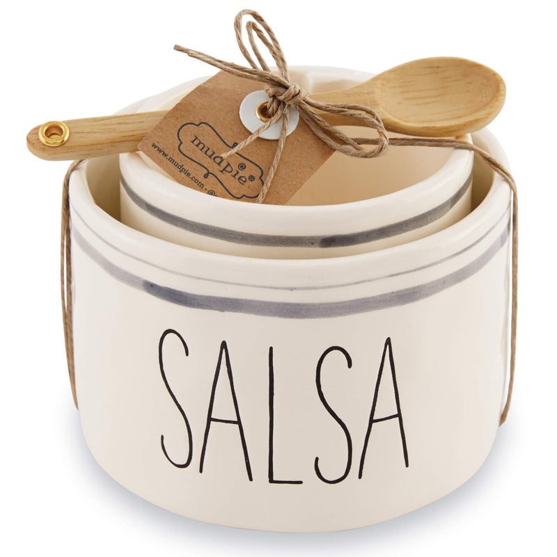 Mud Pie Salsa & Guac Bowl Set  white  salsa 3"""" x 4 1/2"""" dia | guac 2 3/4"""" x 3 1/2"""" dia | spoon 5"""""" - Image 1