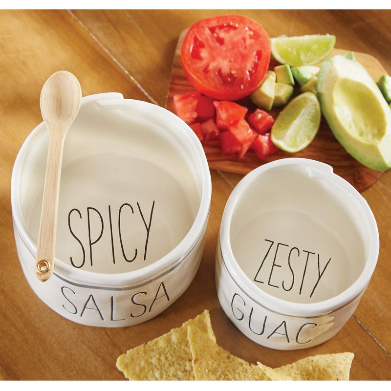 Mud Pie Salsa & Guac Bowl Set  white  salsa 3"""" x 4 1/2"""" dia | guac 2 3/4"""" x 3 1/2"""" dia | spoon 5"""""" - Image 3