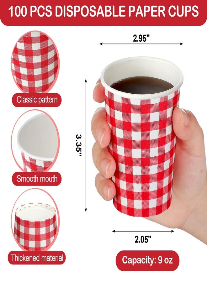 Jingmore 100 Count Gingham Party Paper Cups 9 oz Plaid Disposable Hot/cold Beverage Drinking Cups for Spring Easter Picnic BBQ Birthday Party Supplies Decorations(Red and White Gingham) - Image 3