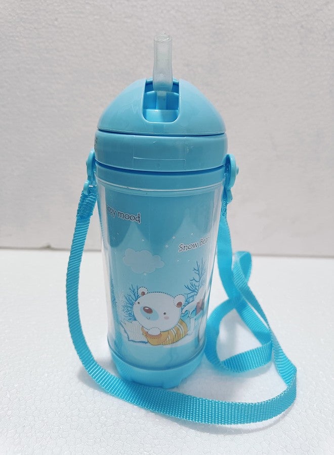Puthak Cute Water Bottles with Straw for Kids Girls Boys, BPA Free Leak Proof Flip Top Lid & Silicone Sipper & Soft Carry Neck Strap, 500ml (Cartoon Printed) (Blue) - Image 1