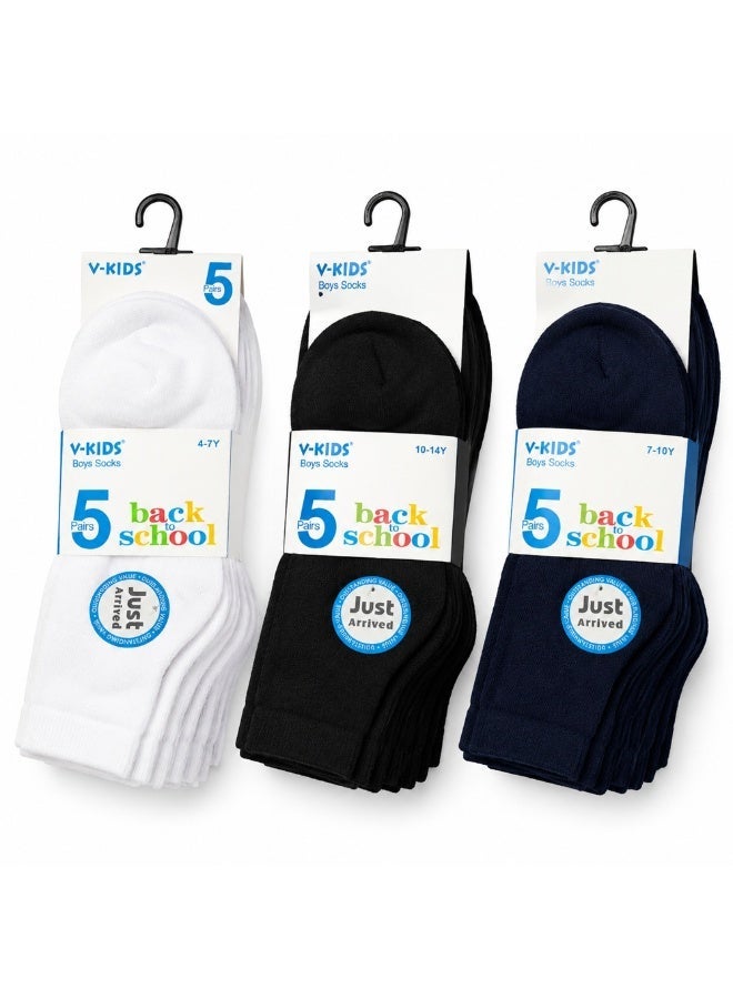 Boys Cotton School Uniform Socks, 5-Pair Pack, Black - Image 2