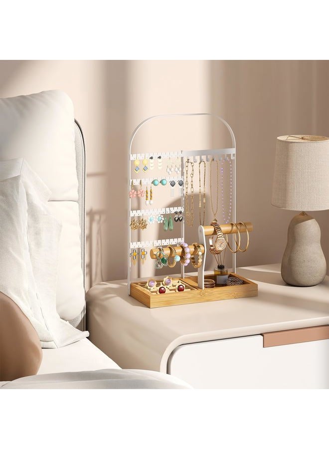 BMOSU Jewelry Organizer Stand with Velvet Ring Holder 2 Bracelet Holder Display 4 Tier Jewelry Rack with 8 Necklace Hooks and 48 Earring Holes Organizer Storage Wooden Box White - Image 1