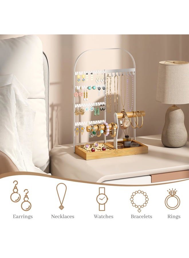 BMOSU Jewelry Organizer Stand with Velvet Ring Holder 2 Bracelet Holder Display 4 Tier Jewelry Rack with 8 Necklace Hooks and 48 Earring Holes Organizer Storage Wooden Box White - Image 5