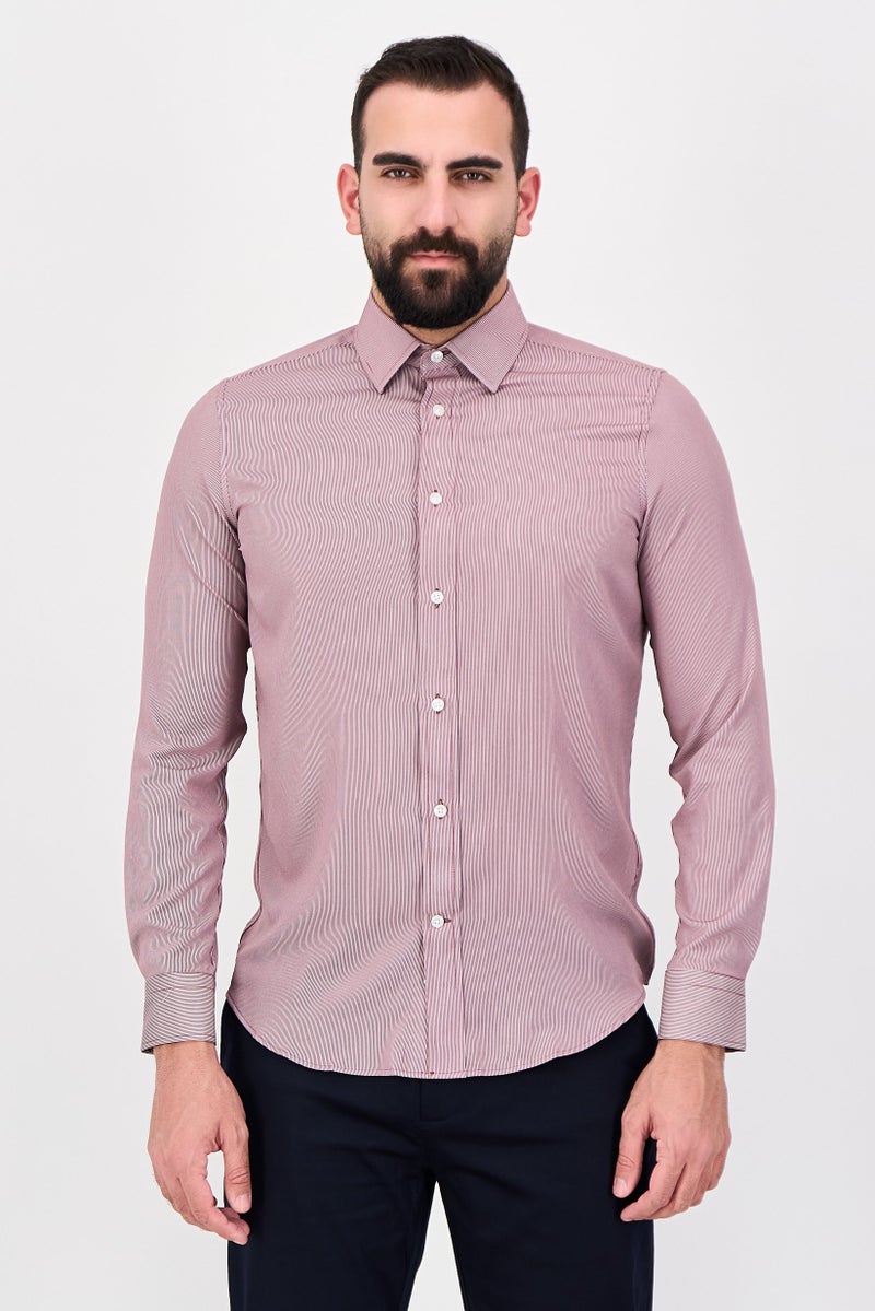 Scotch & Soda قميص رسمي بأكمام طويلة للرجال بتصميم عصري مخطط، بورغندي - Image 1