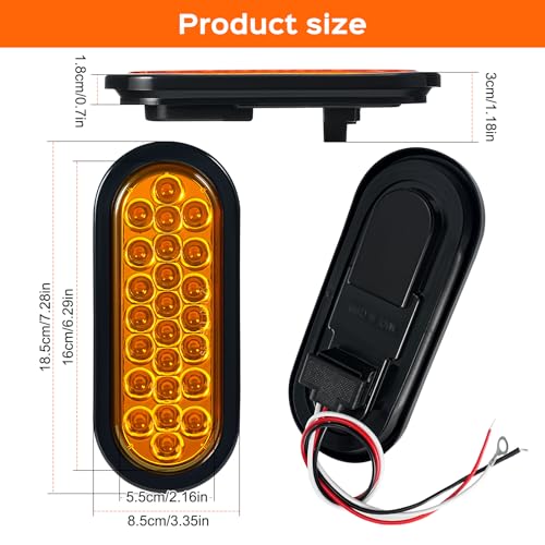 PVerandio 4Pcs 6.3" Oval LED Strobe Lights Amber 24 LED Trailer Tail Lights 6.3 Inch Oval LED Strobe Light Stop Turn Tail Light Brake Lights w/Grommets 3-Prong Wire Pigtails 10-30V Waterproof - Image 5