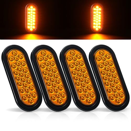 PVerandio 4Pcs 6.3" Oval LED Strobe Lights Amber 24 LED Trailer Tail Lights 6.3 Inch Oval LED Strobe Light Stop Turn Tail Light Brake Lights w/Grommets 3-Prong Wire Pigtails 10-30V Waterproof - Image 1