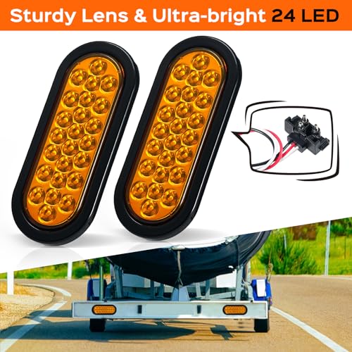 PVerandio 4Pcs 6.3" Oval LED Strobe Lights Amber 24 LED Trailer Tail Lights 6.3 Inch Oval LED Strobe Light Stop Turn Tail Light Brake Lights w/Grommets 3-Prong Wire Pigtails 10-30V Waterproof - Image 3