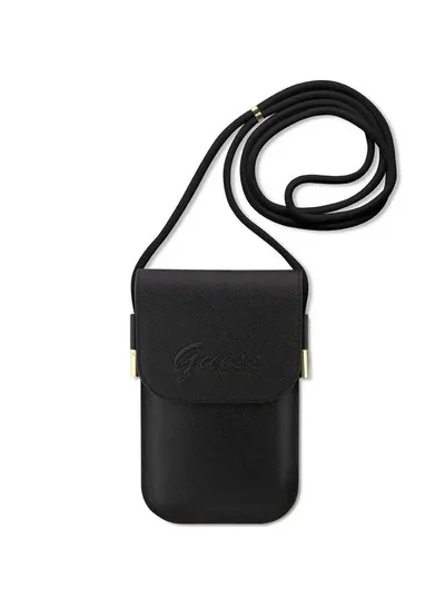 GUESS Saffiano Phone Bag Wallet with Embossed Logo, Adjustable Padded Shoulder Strap, Lightweight & Easy to Carry - Black