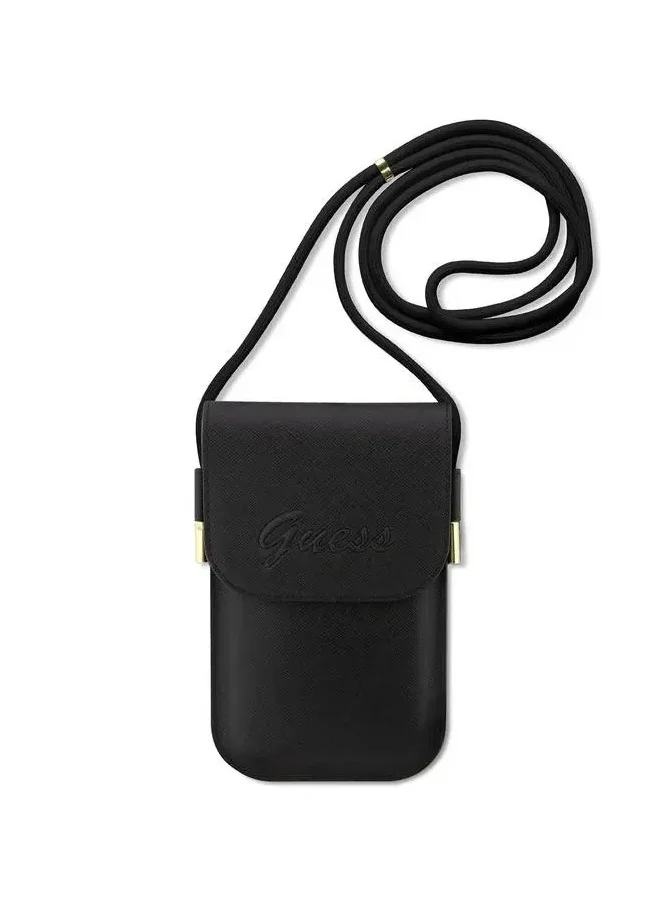 GUESS Saffiano Phone Bag Wallet with Embossed Logo, Adjustable Padded Shoulder Strap, Lightweight & Easy to Carry - Black