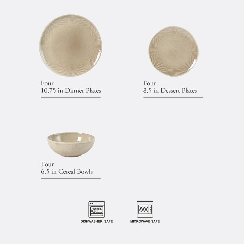 Gibson Elite Sandy Pines Stoneware Plates and Bowls Set - 12 Piece Reactive Glaze Dinnerware Set - Service for 4 - Dishwasher and Microwave Safe - Cream Taupe - Image 2