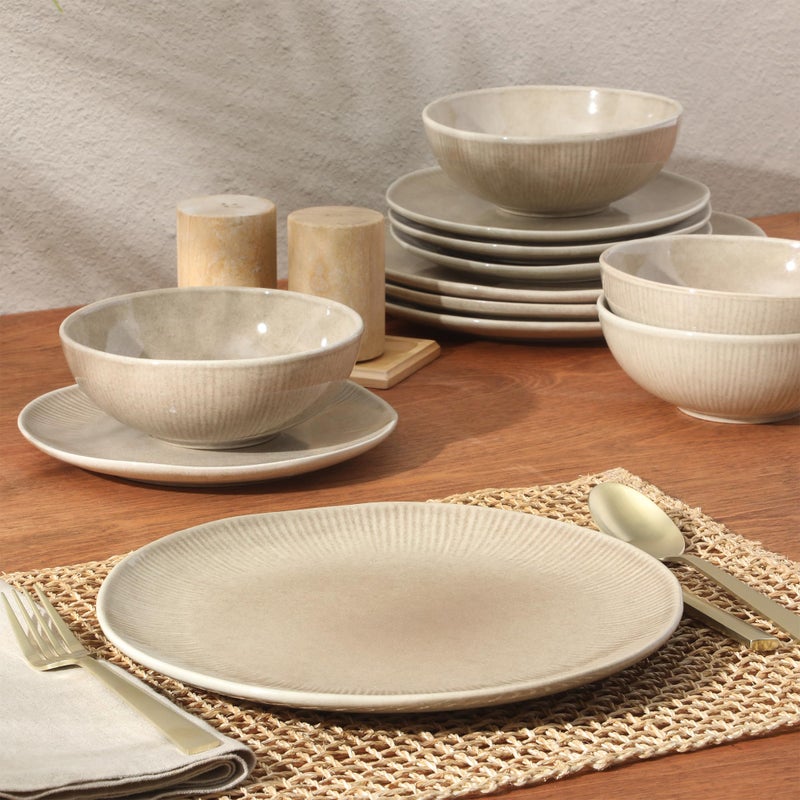 Gibson Elite Sandy Pines Stoneware Plates and Bowls Set - 12 Piece Reactive Glaze Dinnerware Set - Service for 4 - Dishwasher and Microwave Safe - Cream Taupe - Image 5