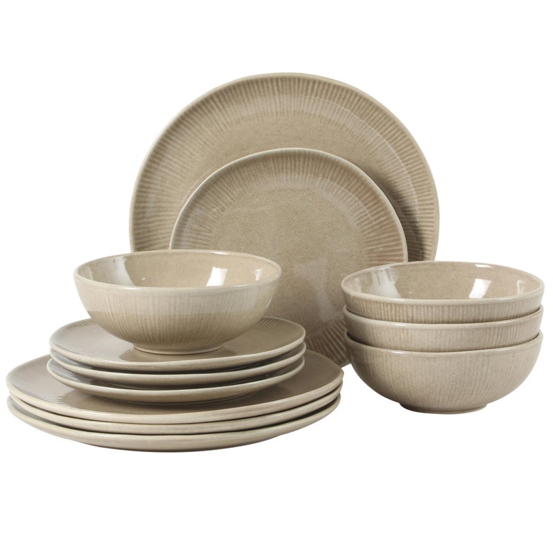 Gibson Elite Sandy Pines Stoneware Plates and Bowls Set - 12 Piece Reactive Glaze Dinnerware Set - Service for 4 - Dishwasher and Microwave Safe - Cream Taupe - Image 1